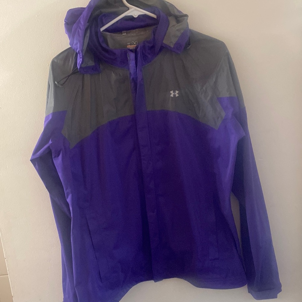 Purple Under Armor All Season Gear hooded jacket. Packable hood.
